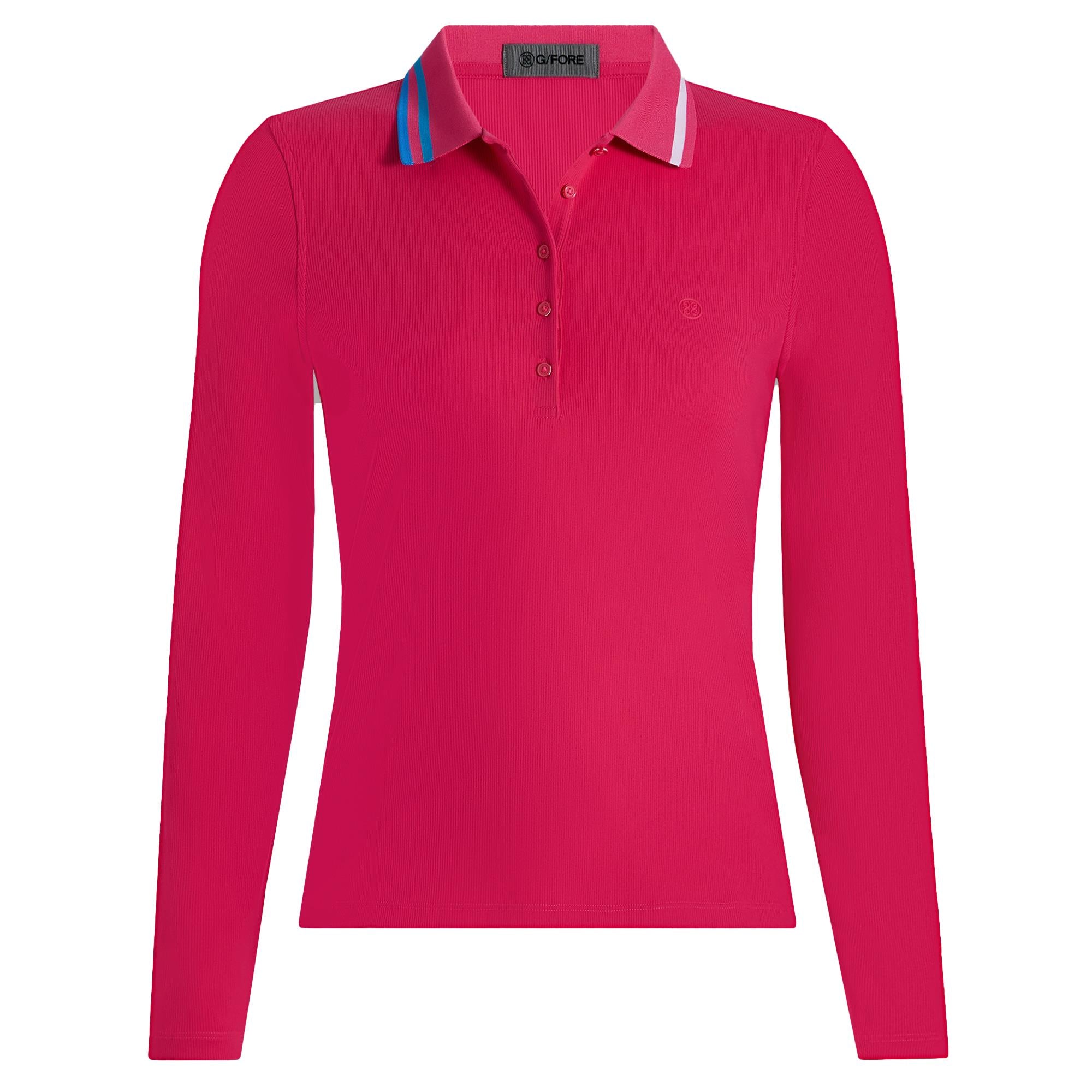 G/FORE Contrast Collar Ribbed Tech Nylon Ladies Long Sleeve Golf Polo Shirt Framboise